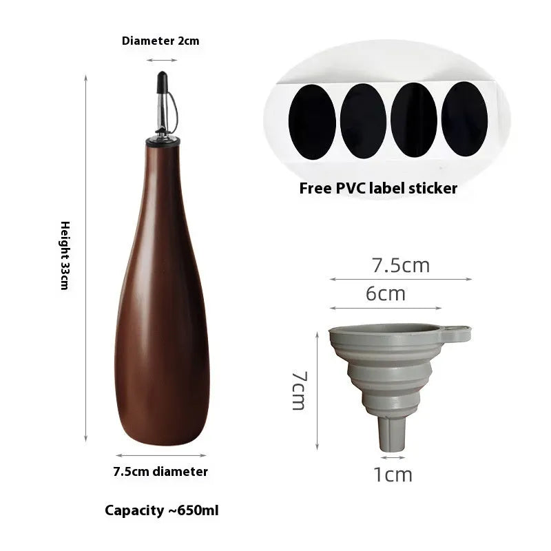 Ceramic oil pot with funnel in black, coffee, and white colour options, 650ml capacity.