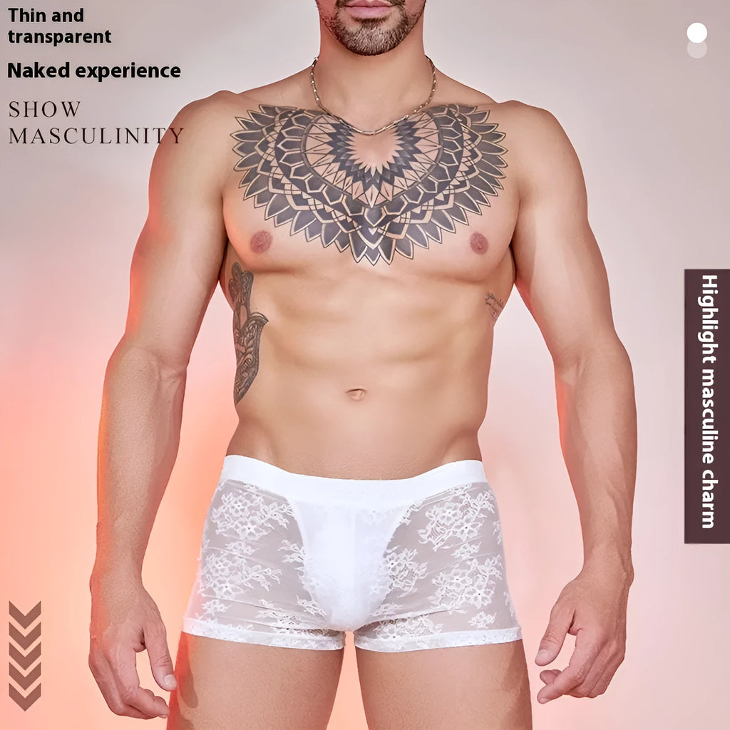Men's black lace boxer shorts made from nylon fabric, laid flat.