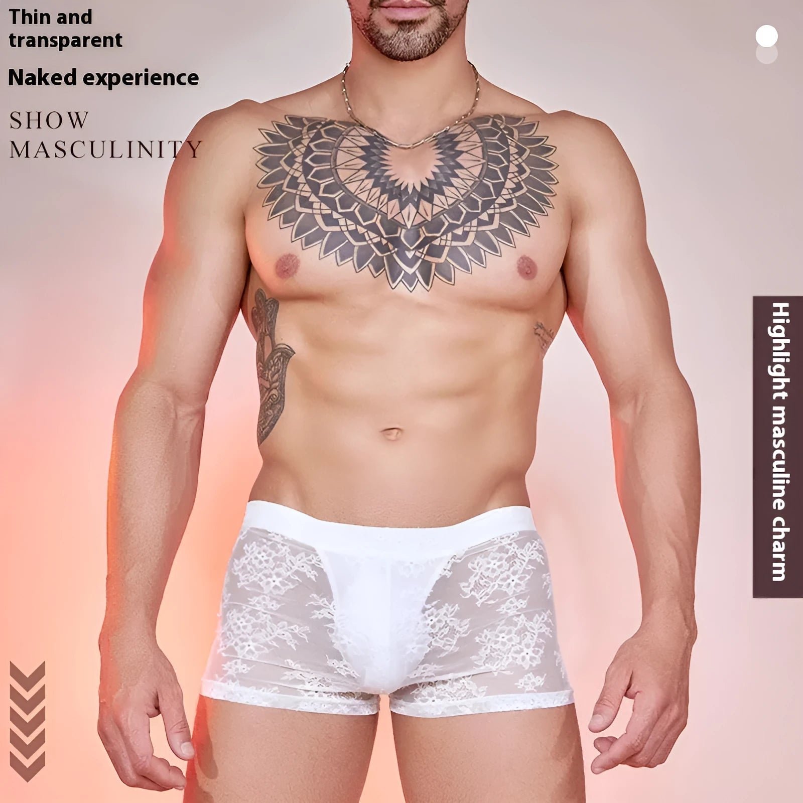 Men's black lace boxer shorts made from nylon fabric, laid flat.