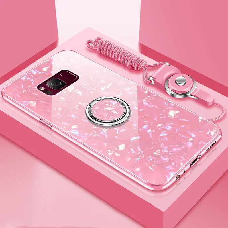 Tempered glass phone case in black, pink, red, or white for Samsung S8 and S9.
