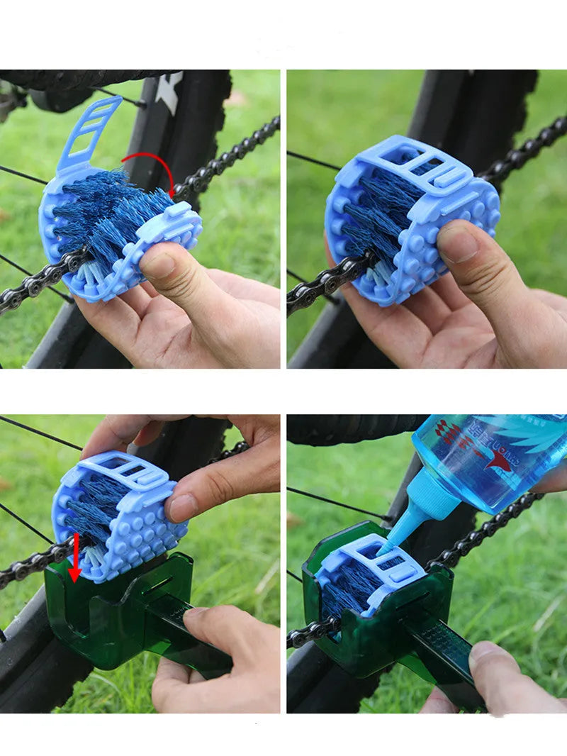Bicycle chain cleaner scrubber brush set with PC plastic housing, soft brush, and three wear-resistant sponges on a workbench