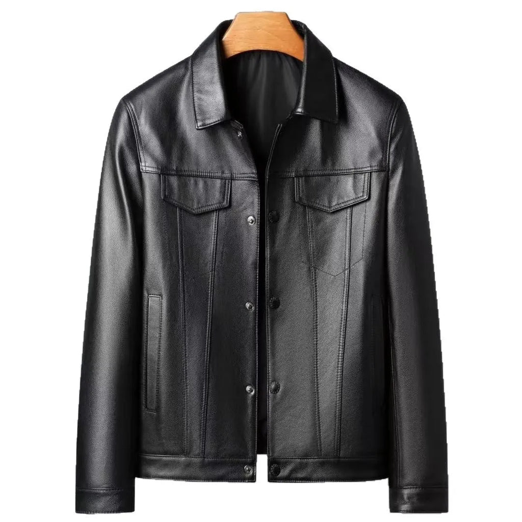 Men's black first layer cowhide leather jacket with polo collar, front view, on display