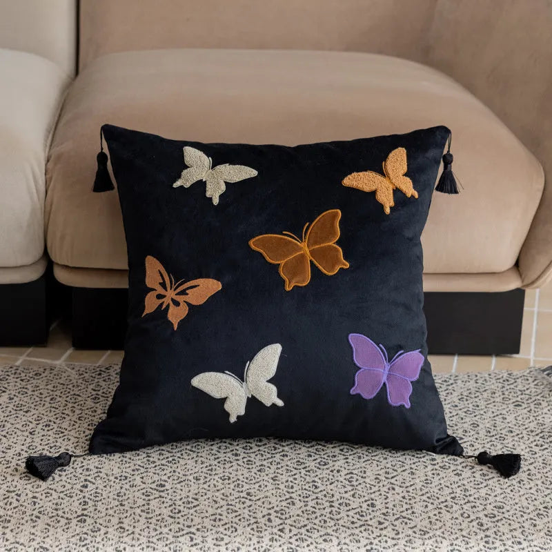 Square 45x45 cm cushion with Chinese style butterfly embroidery in beige, black, or purple