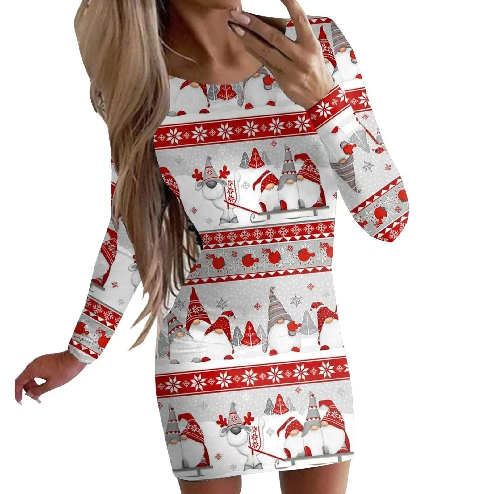 Animal pattern round neck dress with long sleeves and hip skirt styling in floral colour