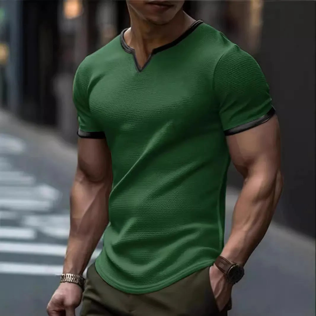 Colour-block V-neck outdoor sports waffle t-shirt in army green, polyester short-sleeve top