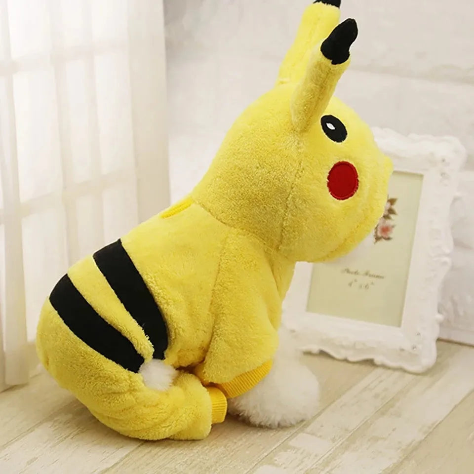 Fleece hooded pet coat for dog or cat in cartoon cosplay design on a mannequin