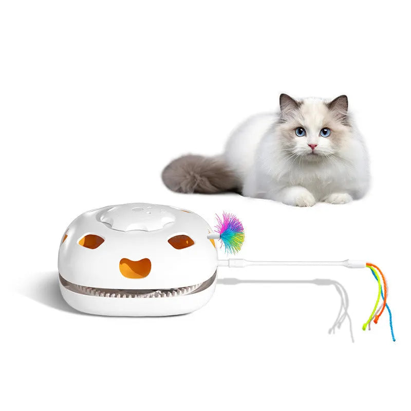 Automatic cat toy with plastic construction measuring 19.8cm featuring motion, sound and LED activation