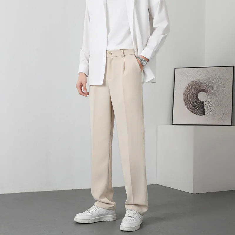 Men's fleece-lined casual trousers in solid colour, mid waist with zipper fly, Ice Silk fabric