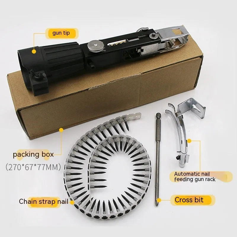 Chain screw gun head kit with metal gun head, chain band, cross head, and storage rack