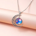 Silver hollow moon pendant necklace with glass star insert on Figaro chain for women
