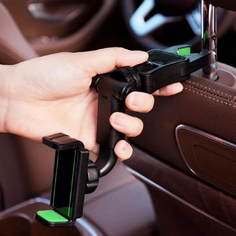 Car mobile phone holder clipped onto rear view mirror with ABS bracket in black and green colour