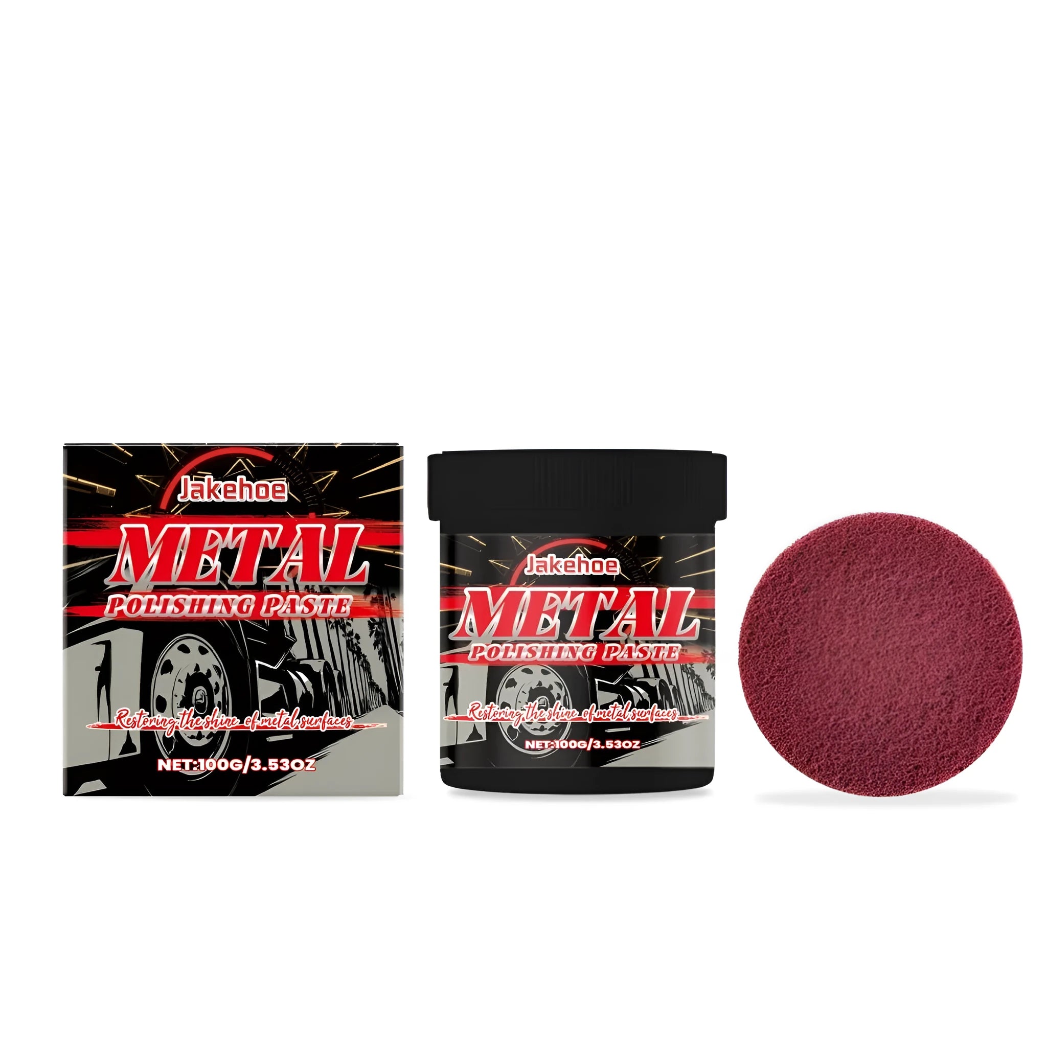 JAKEHOE 100g metal polishing paste tin and sponge polishing pad for manual application.