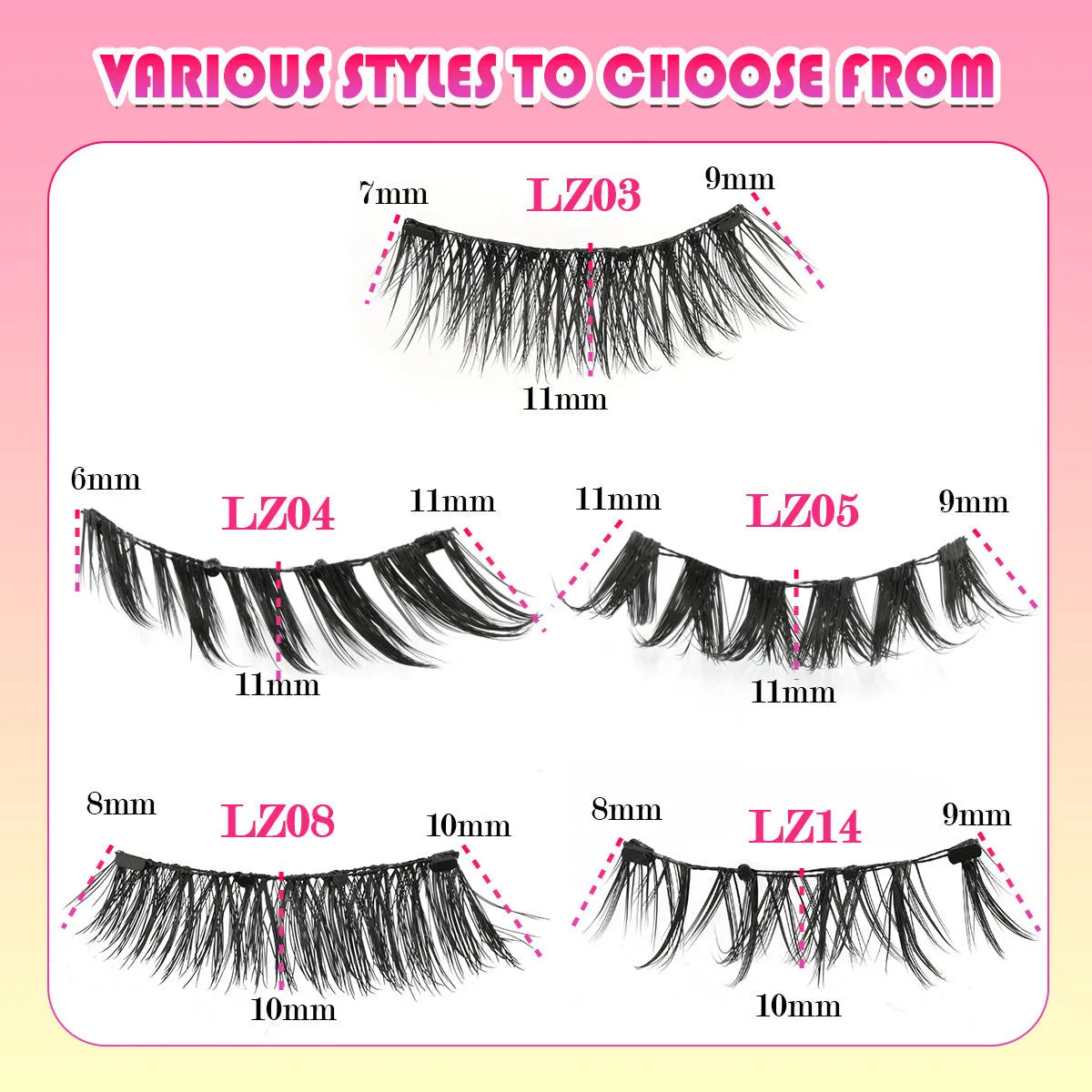 Set of reusable, glue-free waterproof false eyelashes in artificial fibre, showing natural thick 0.6-1.1mm lashes.