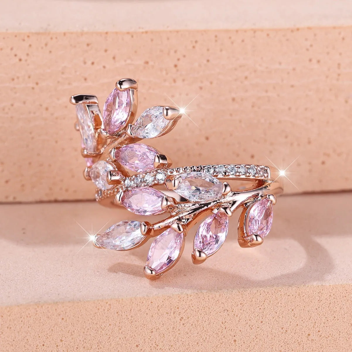 Adjustable horse eye zircon leaf ring in copper with leaf shape design and multiple colour finish options