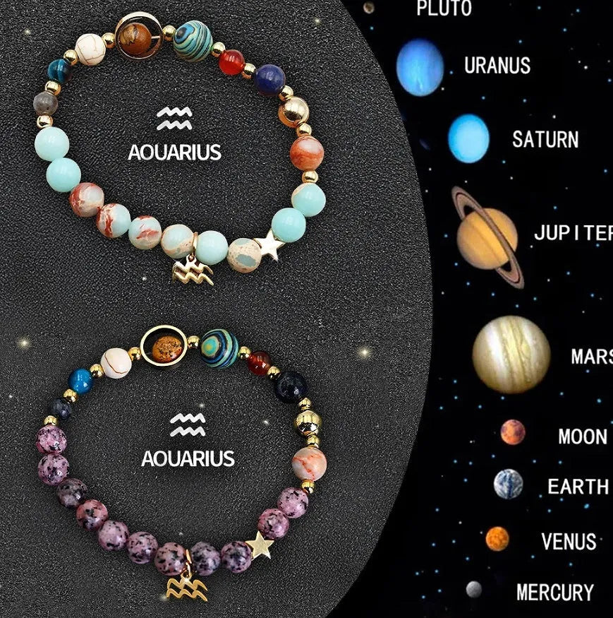 Set of two natural stone beaded bracelets showing zodiac sign designs on elasticated cords