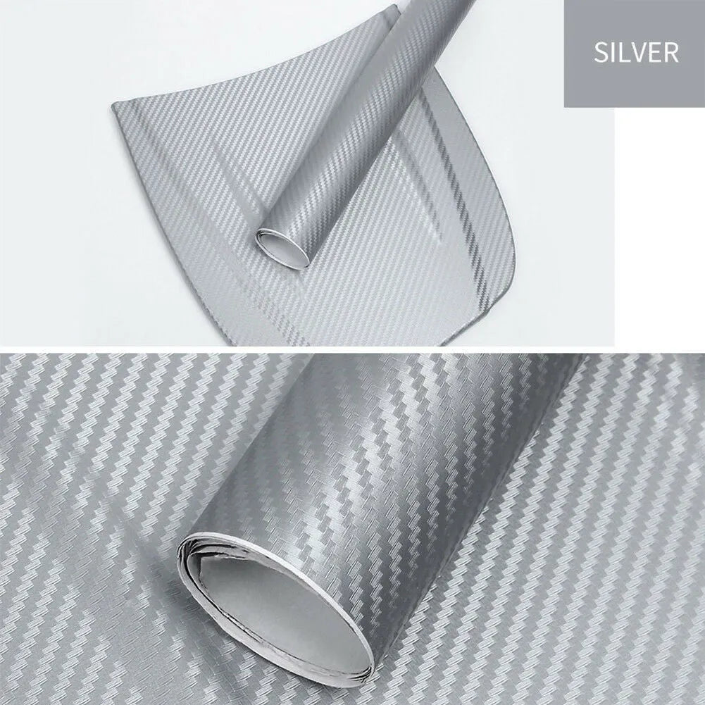 Roll of 3D carbon fibre car sticker in multiple colour options showing dimensions