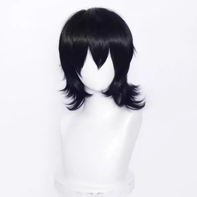 A short hairstyle Anime cosplay wig for men on a stand, shown in a vibrant colour.