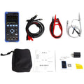 Owon HDS272 handheld digital oscilloscope with accessories including probes, multimeter pen, and portable bag