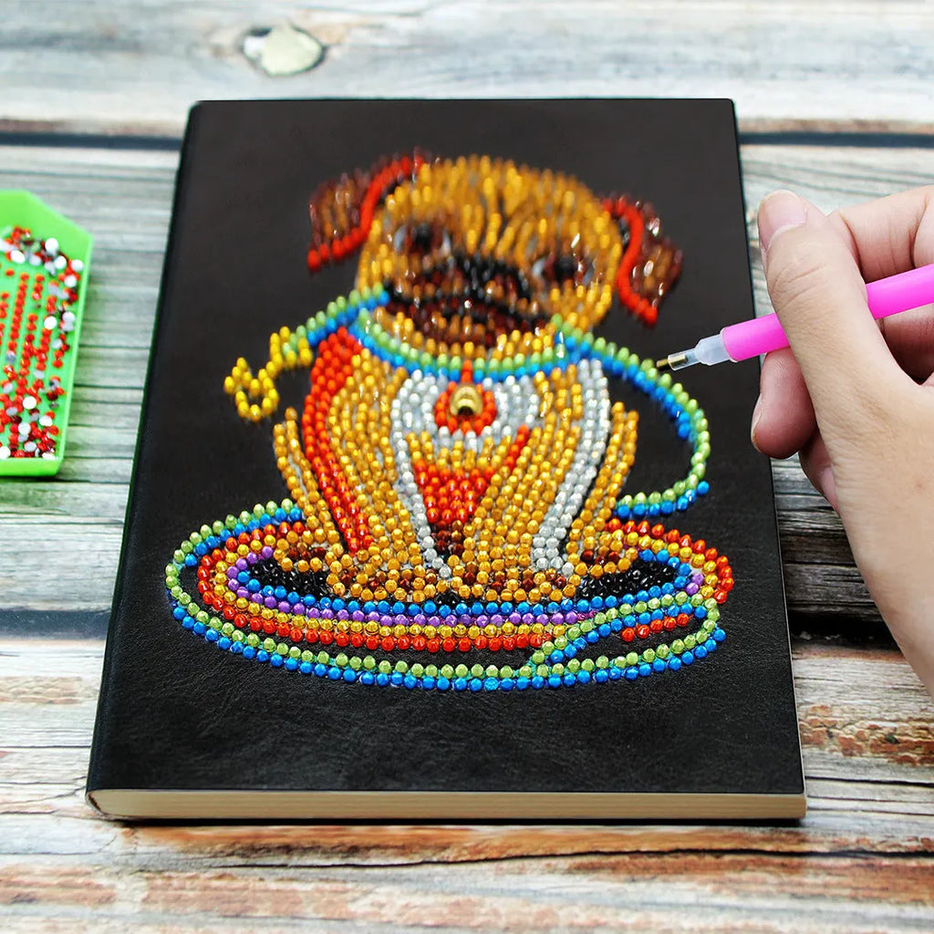 Black A5 DIY diamond painting notebook showing soft-touch cover and blank pages for craft projects
