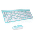 Full-size 2.4G wireless keyboard and mouse set in blue with numeric keypad and silent mouse on a desk