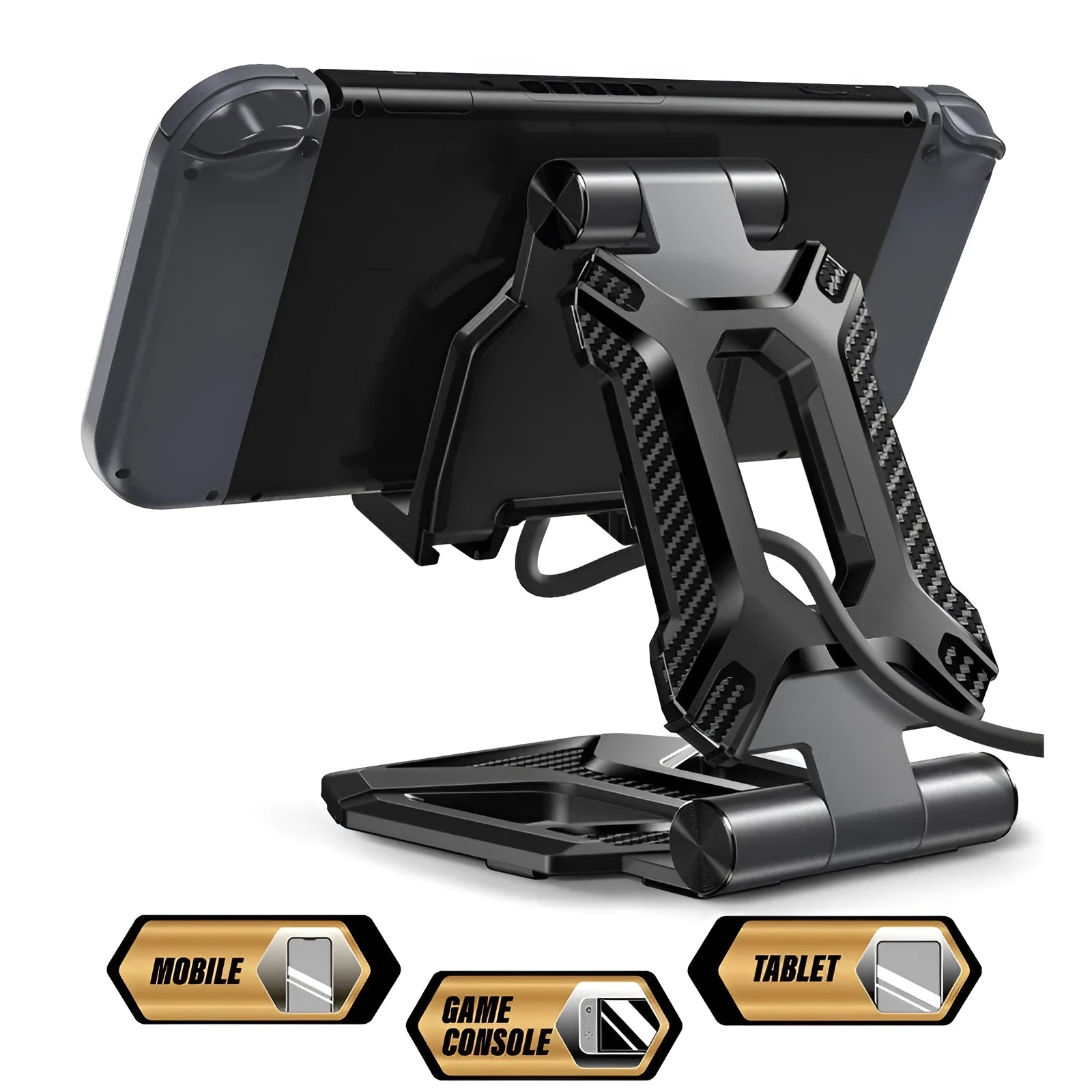 Black adjustable tablet stand folded open displaying an iPad, featuring aluminium body and 270-degree rotation