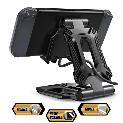 Black adjustable tablet stand folded open displaying an iPad, featuring aluminium body and 270-degree rotation