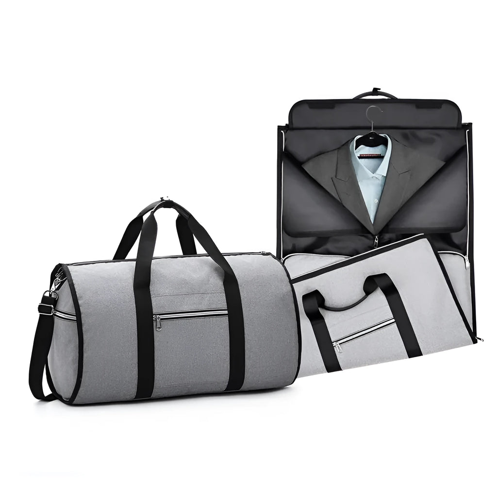 Medium cylinder travel bag in Oxford cloth, shown in black, with zipper open to reveal internal pocket.