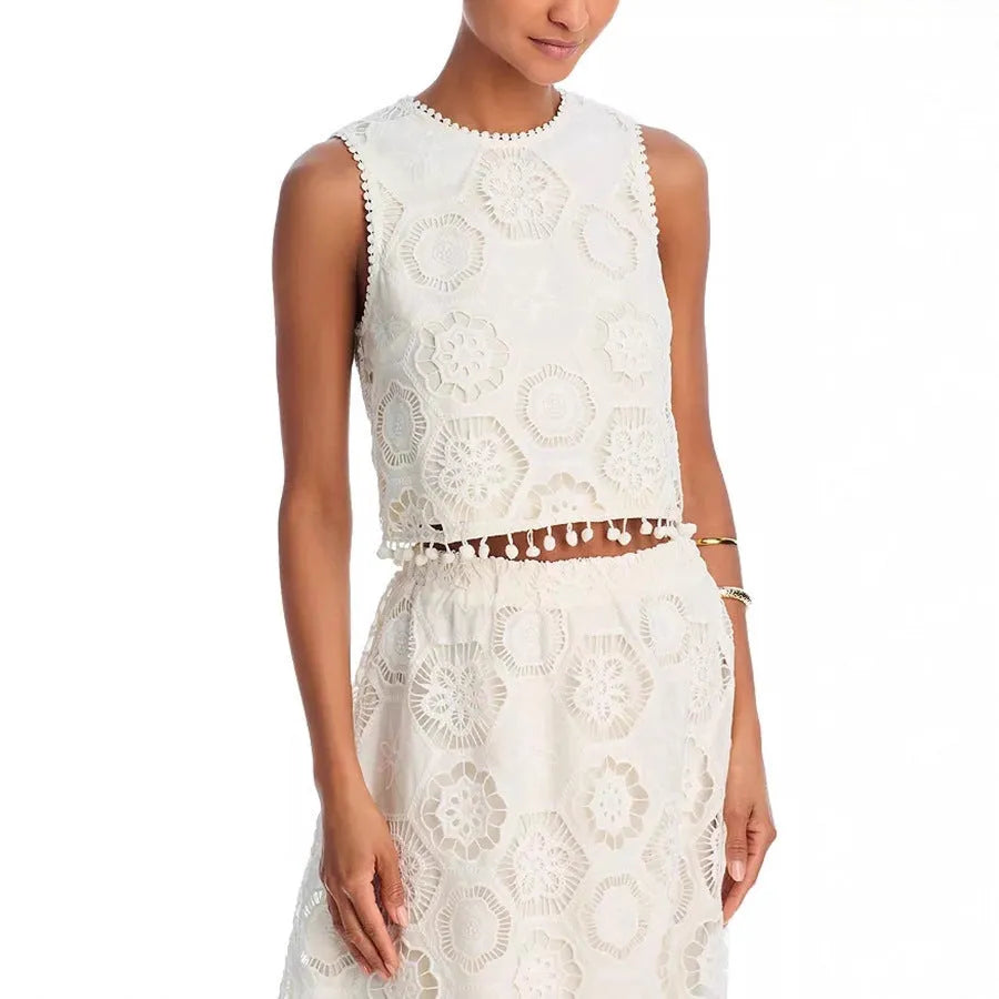 White women's sleeveless top and long skirt suit set with embroidery detail in retro art style