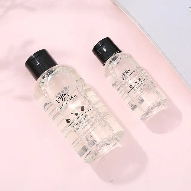 50ml makeup brush cleaning liquid in a clear plastic bottle with blue cap, 9x3x3cm size