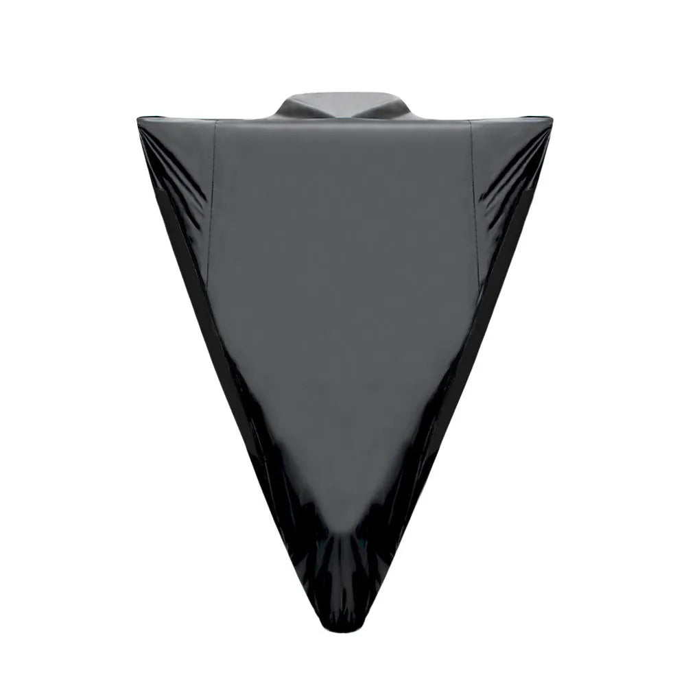 Black polyester motorcycle rain cover with heat insulation and anti-theft features on parked bike