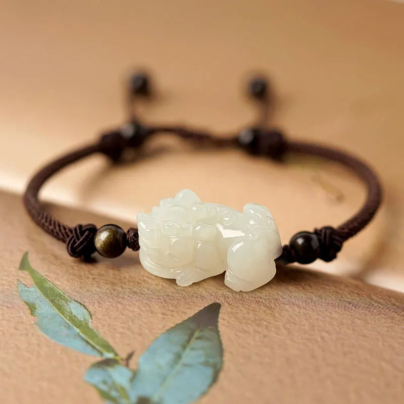 Hetian jade bracelet with black and red braided ropes traditional Chinese jewellery