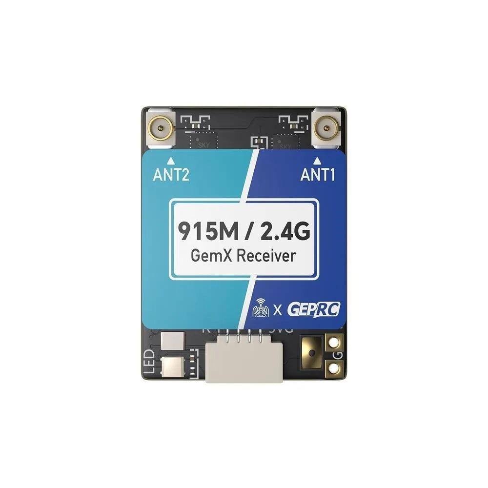 FPV ELRS dual-frequency 915MHz 2.4GHz receiver on metal base with two T-shaped antennas and wiring.