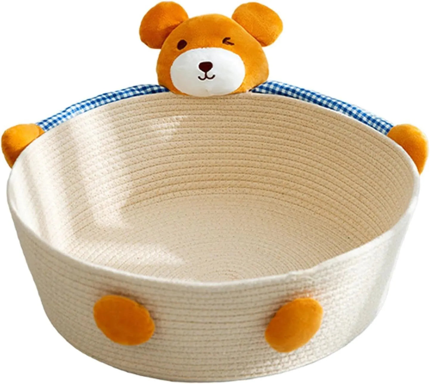 Woven cotton rope cat bed with scratching surface in Bear design, shown in medium size.