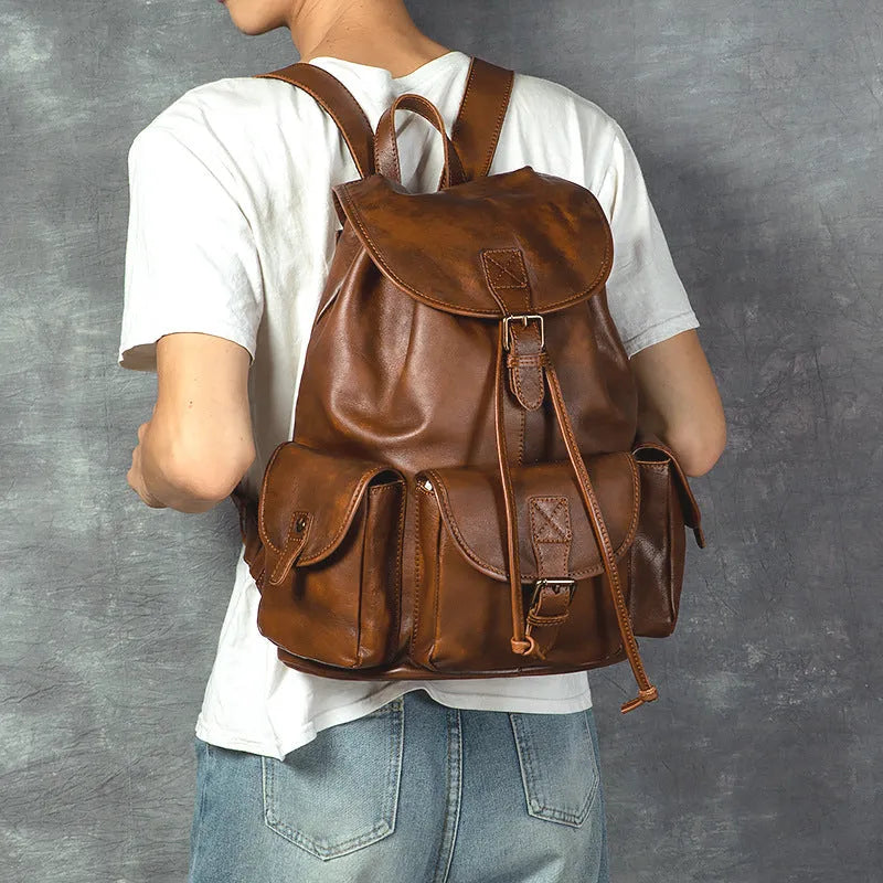 Genuine leather retro backpack for men, top grain, light brown, with ergonomic back panel and geometric pattern