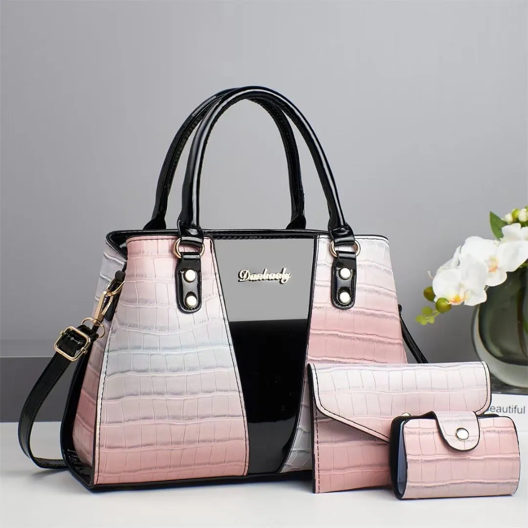 Women's crocodile stitch texture three-piece shoulder bag set in six colour options showing main bag and two smaller organisers