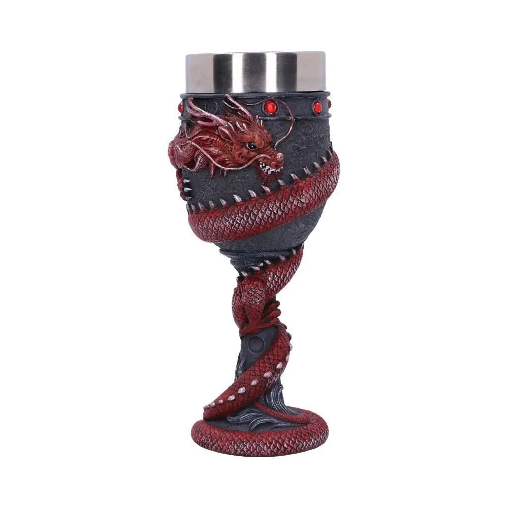 Red wine glass with 3D Chinese dragon decoration in gold or red colour.