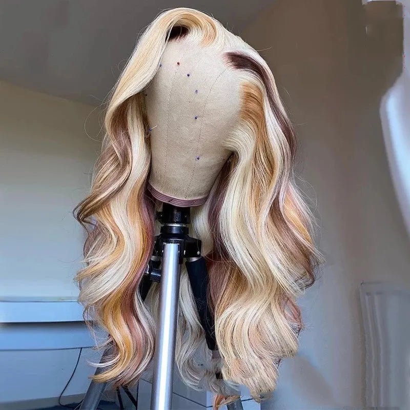 100% human hair body wave lace front wig with blonde highlights, 13X4 lace front, on a mannequin head