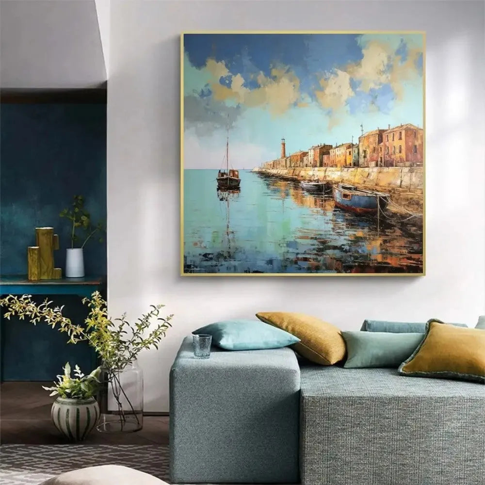 Hand painted oil painting on canvas abstract pier scenery square wall art in modern style
