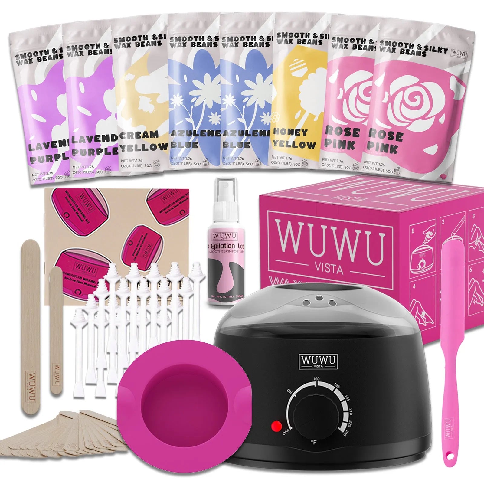 WUWUVISTA 63-piece waxing kit with black wax warmer, wax beans, silicone tools, and wax sticks