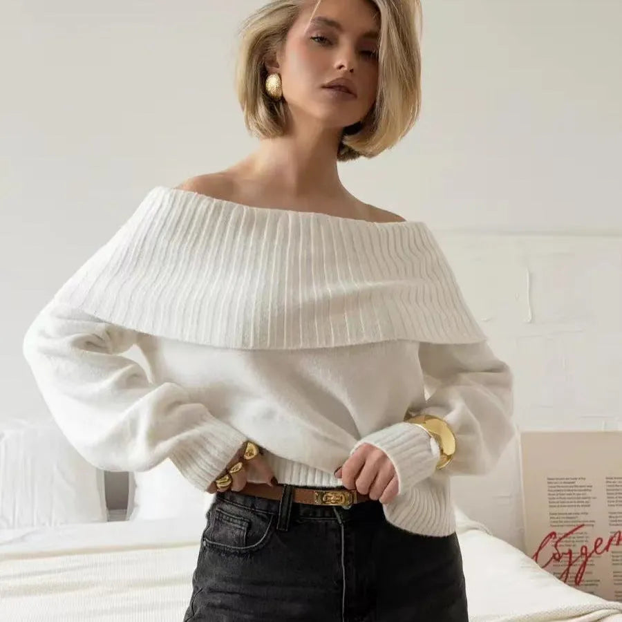 Strapless off-shoulder grey acrylic sweater with 3D pattern effect and regular sleeves