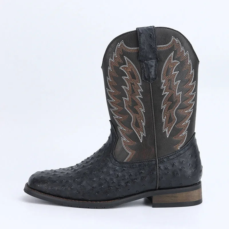 Men's black square toe motorcycle boots with embroidery details and wedge heel