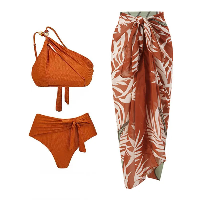 Brown high waist push up bikini swimsuit with a split chiffon dress detail for women