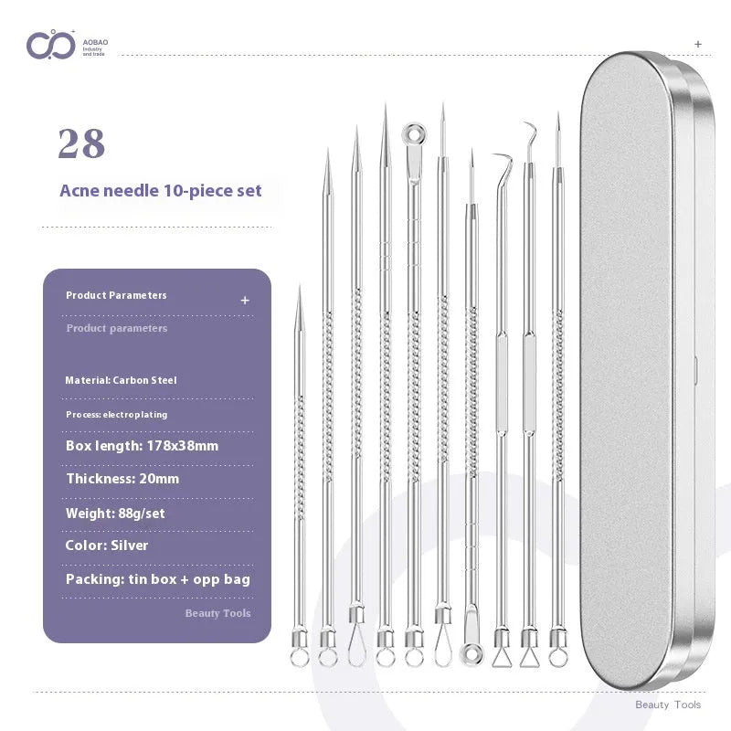 Four-piece silver metal acne needle set with fine-pointed needles and a clip for skin blemish removal.