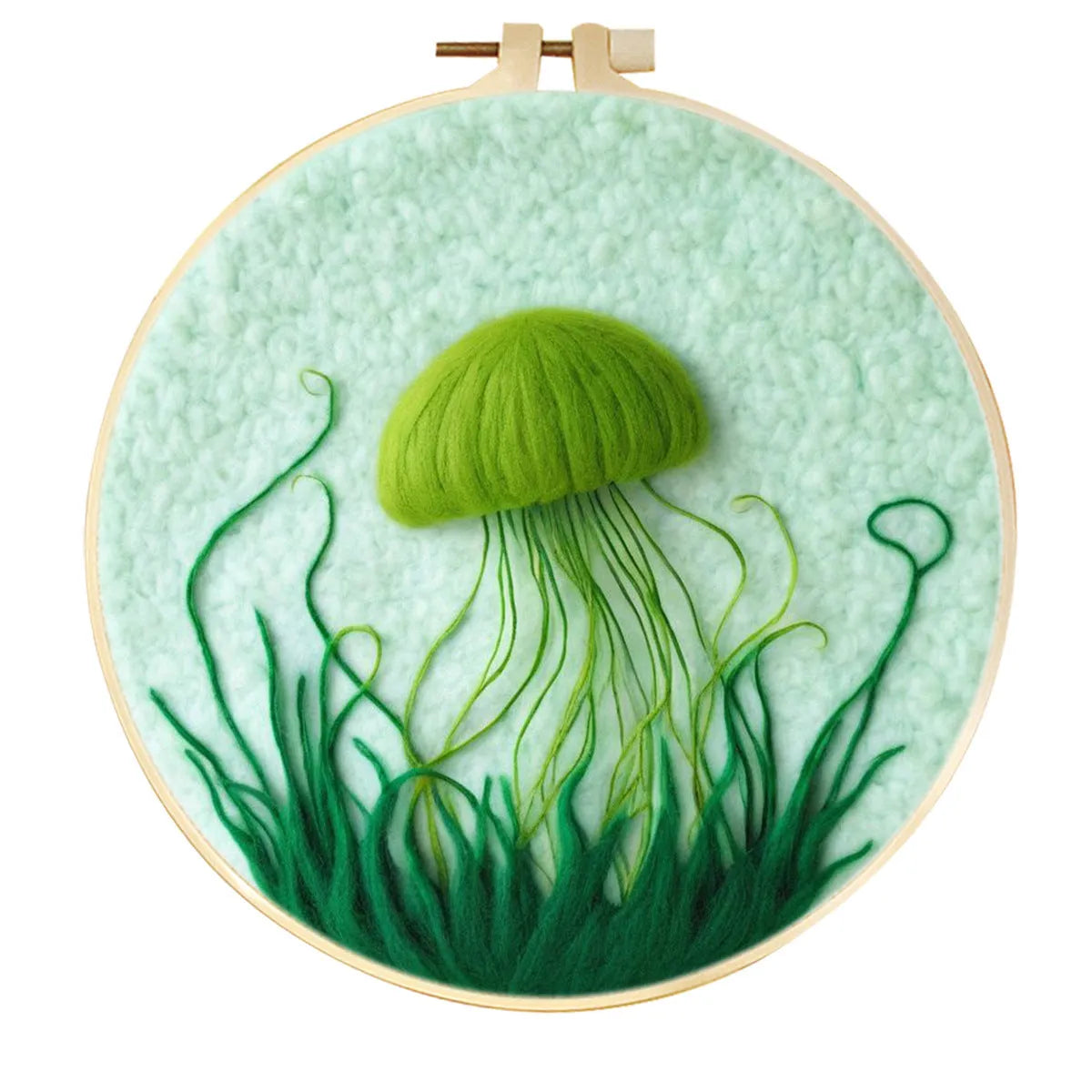 Round 20x20 cm linen embroidery kit with wool felt pieces for floral design and included embroidery frame.