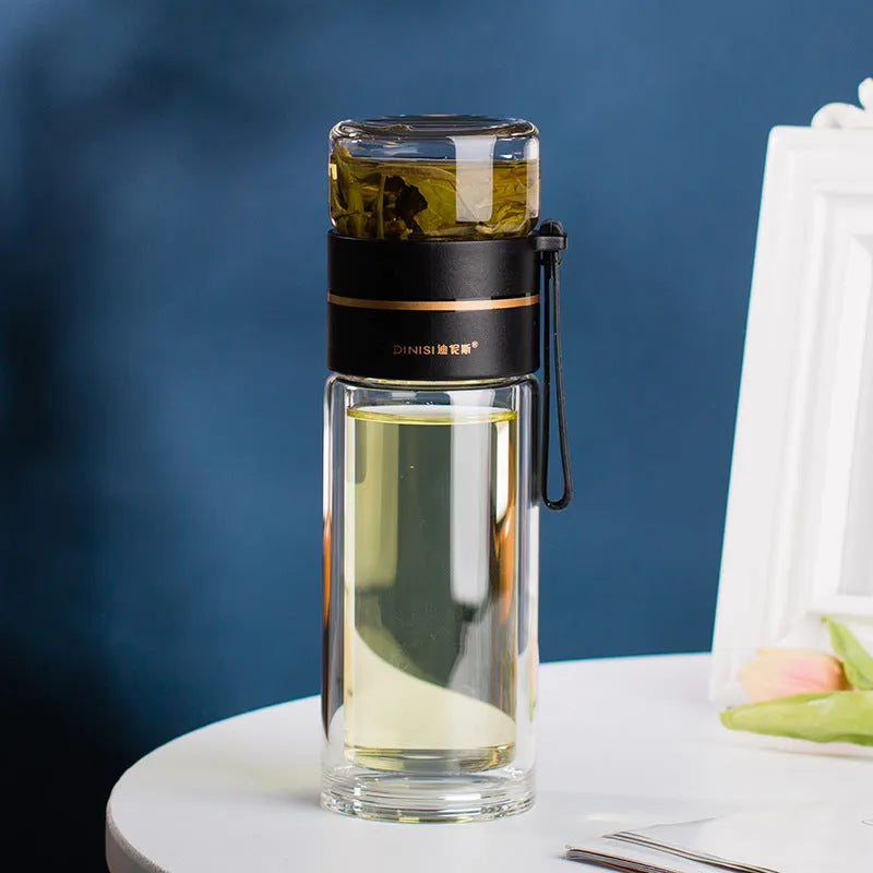 Double wall glass water bottle with tea infuser filter, leakproof, high borosilicate, stainless steel strainer, portable rope, 400ml