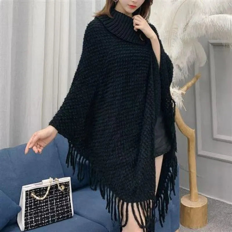 Women's triangle shawl cape in plush cashmere blend fabric with tassel detailing