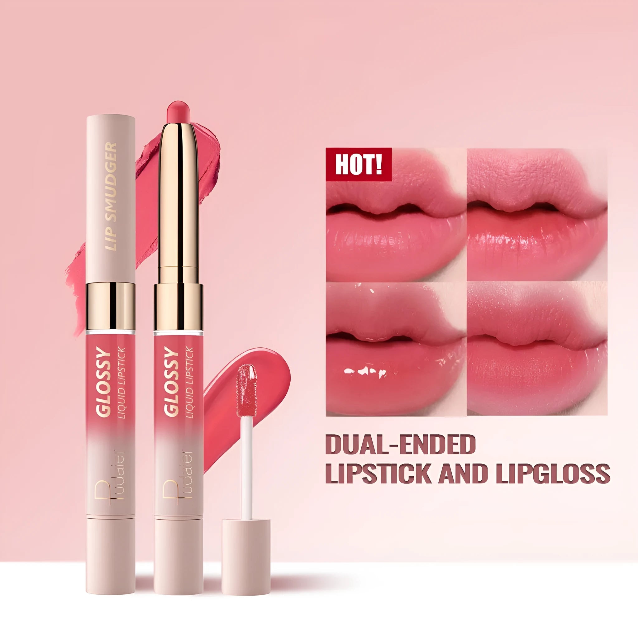Double-headed matte lipstick and lip gloss cosmetic stick in one of ten available colours.