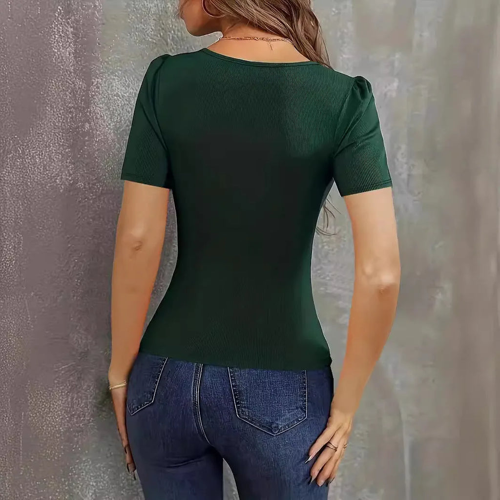 Women's slim fit knitted short sleeve top with low neckline in wine red colour