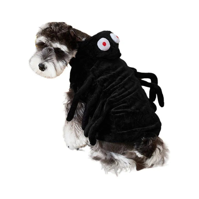 Halloween dog costume with black spider pattern print on polyester fabric, sized S M L