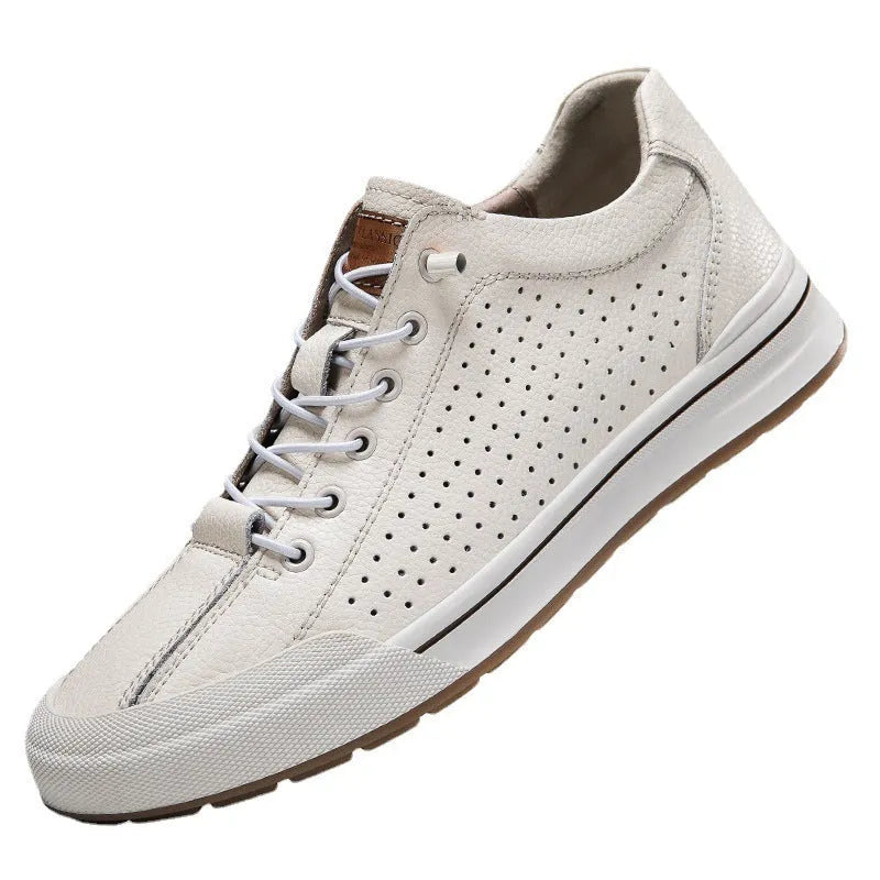Men's white matte leather casual shoes with round toe and flat sole.
